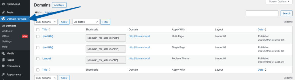 Domain For Sale Admin Panel Menu
