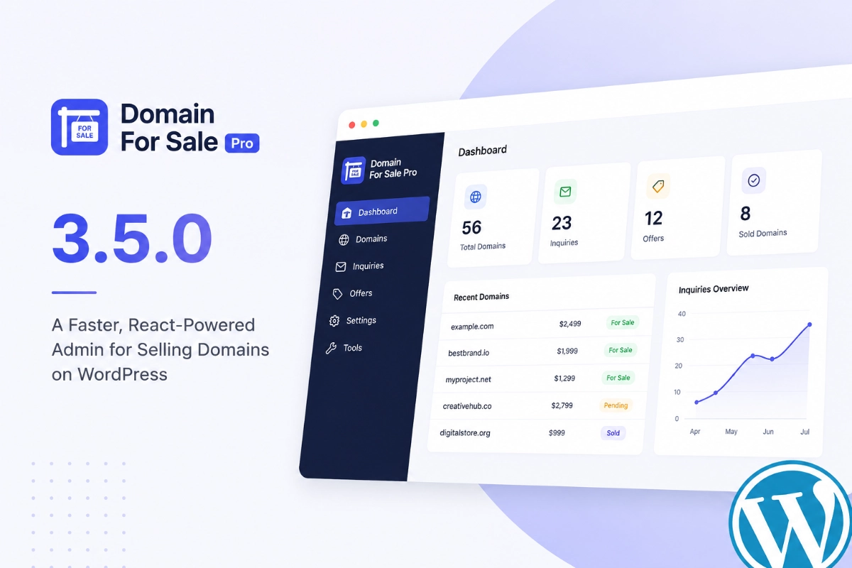 Domain For Sale Pro 3.5.0: Rebuilt Admin in React for a Faster, Lighter WordPress Plugin