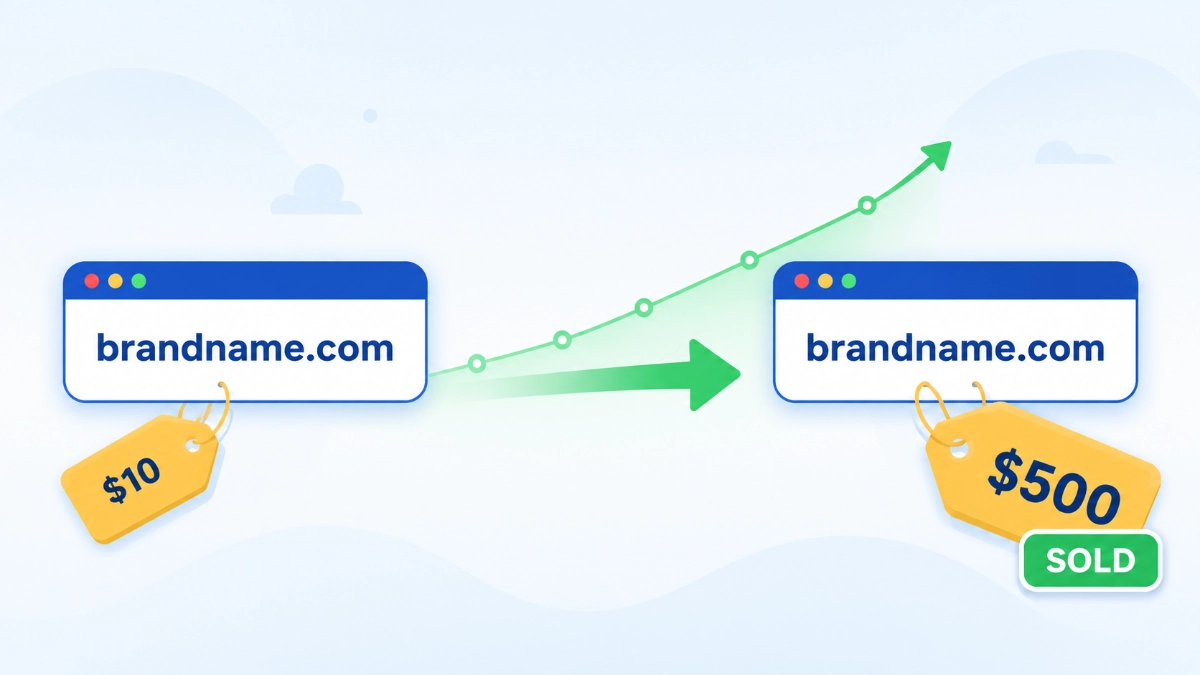 Domain flipping example showing a domain bought for $10 and sold for $500 after increasing in value.