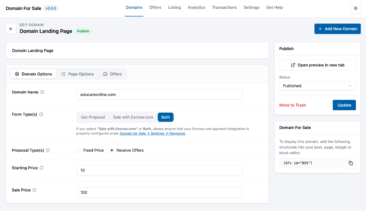 Domain For Sale - Adding New Domain Landing Page