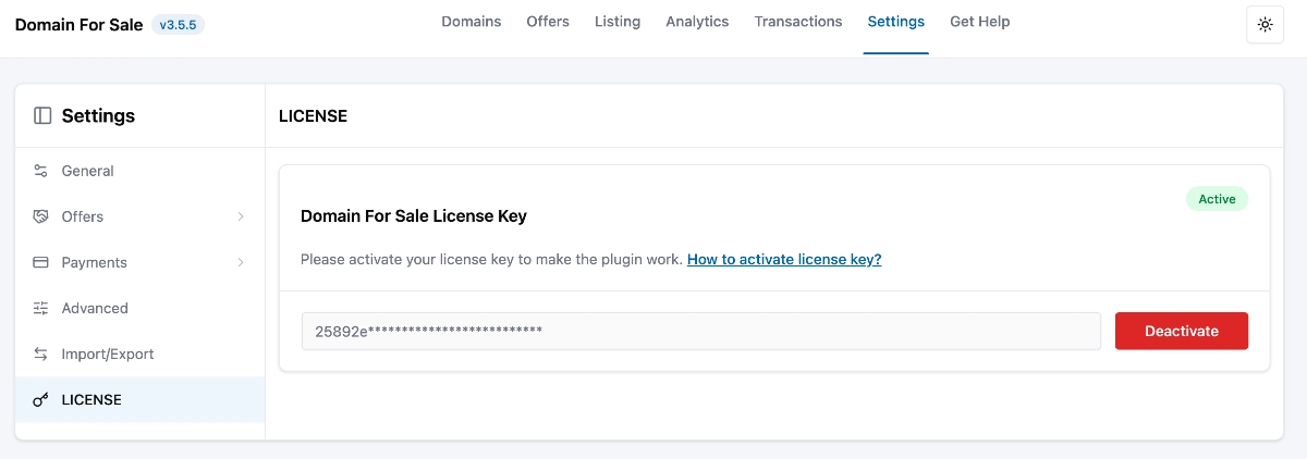 Current Domain For Sale Pro license activation screen.