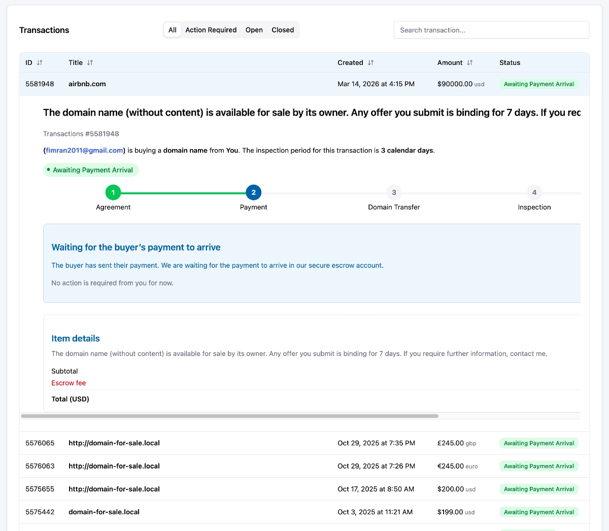 Domain For sale Transactions Dashboard