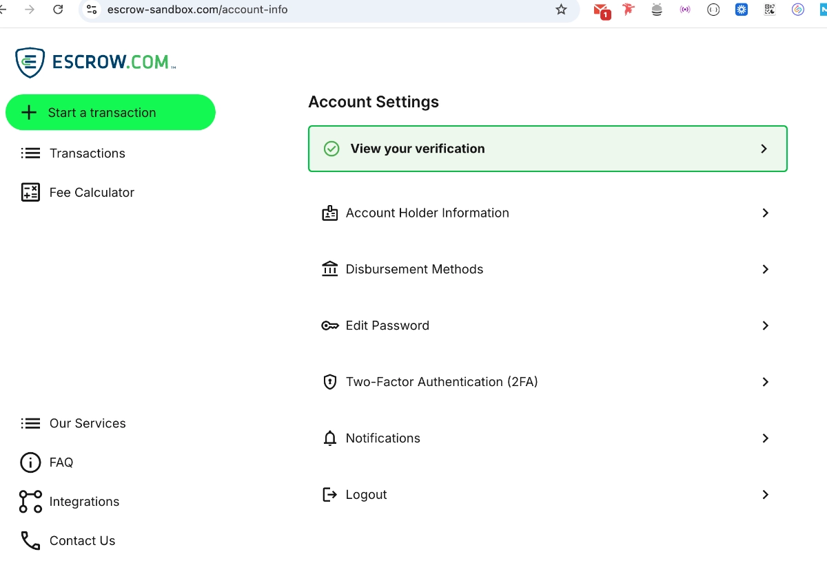 Escrow.com account dashboard