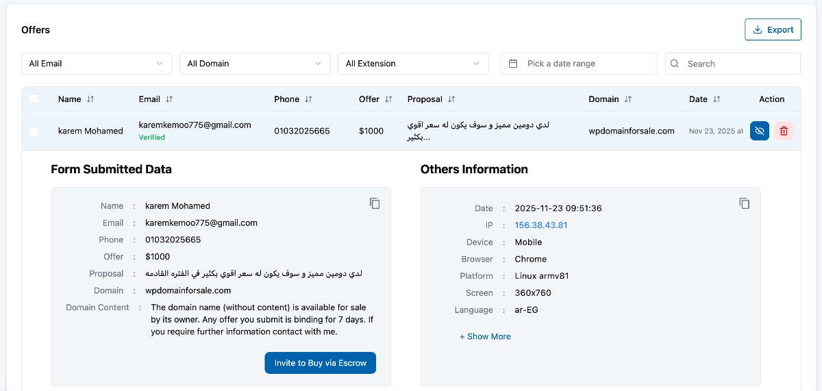 WordPress Offers dashboard showing the Escrow invitation control for a fictional buyer.