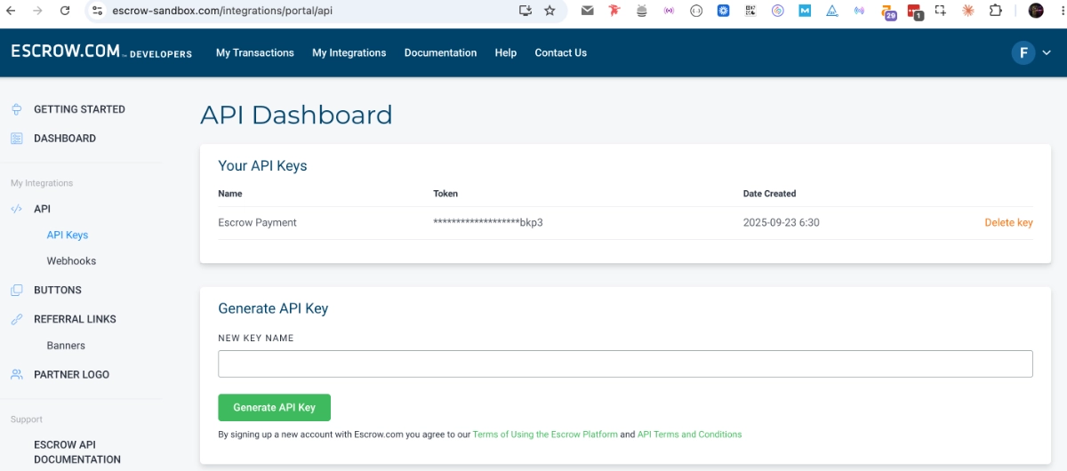 Generate an Escrow.com API Key