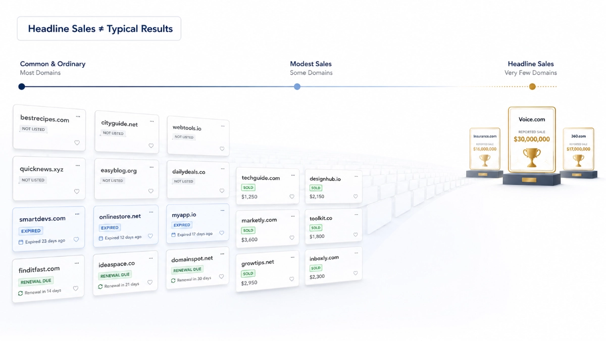 How much can you make selling domains? Illustration comparing unsold, expired, renewed, modest-sale, and rare high-value domain outcomes.