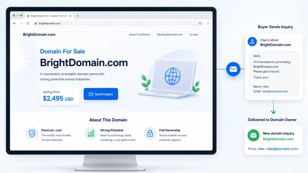 Domain-for-sale landing page for BrightDomain.com showing how buyers can send an inquiry directly to the domain owner.