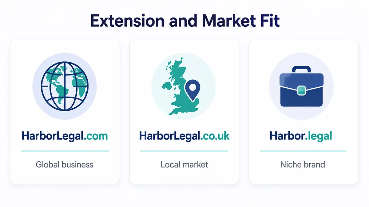 Same domain name compared across .com, .co.uk and .legal extensions for different buyer markets