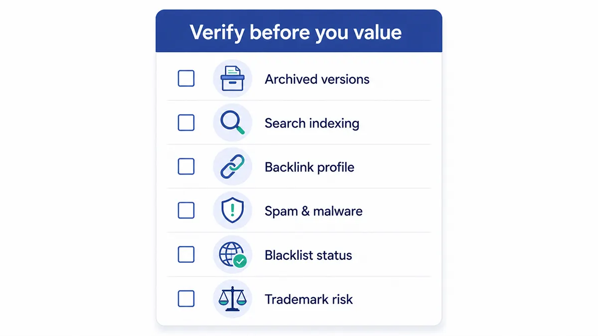 Checklist for verifying a domain's previous use, backlink history and trademark risk