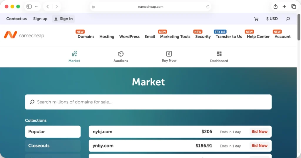 NameCheap Market - domain selling platforms