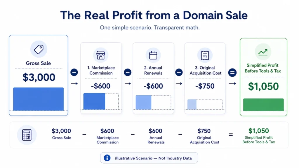 how much money selling domains? Example showing a $3,000 domain sale minus commission, renewal costs, and acquisition cost for $1,050 profit.