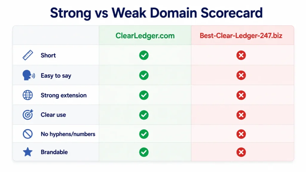 Side-by-side scorecard comparing a strong domain name against a weak one across nine value factors