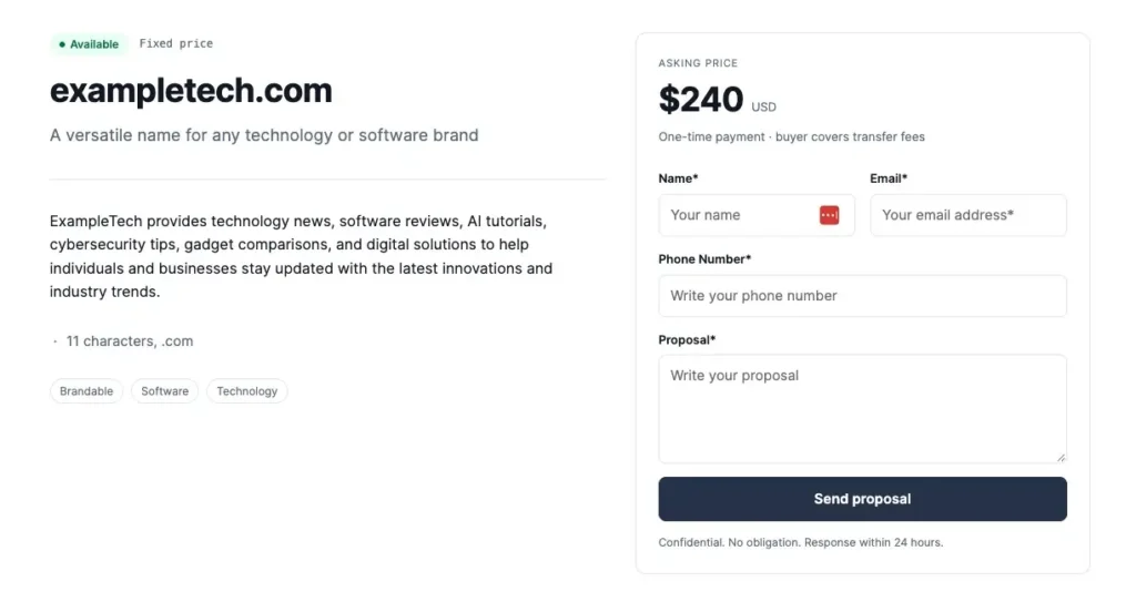 Single domain sale page showing the asking price, domain description and offer form