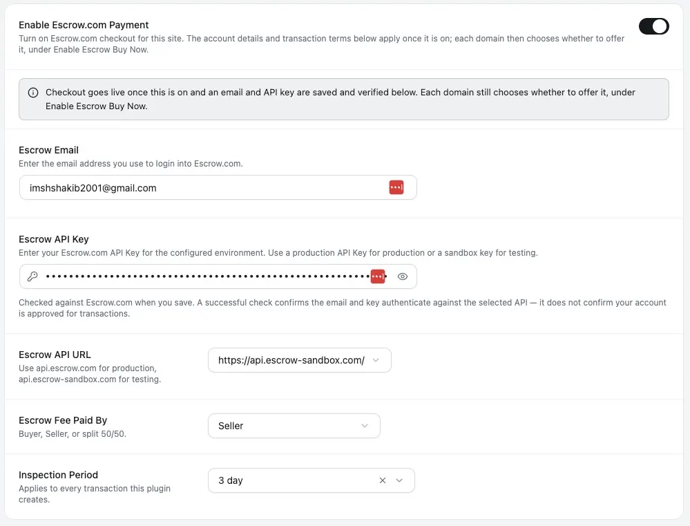Domain For Sale offers inbox showing buyer submission details with the option to start an Escrow.com payment