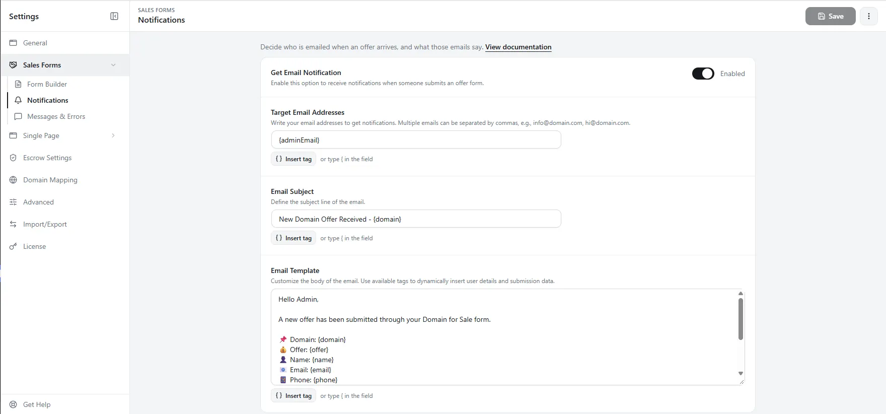 Domain For Sale offer email notification settings with multiple recipients and dynamic tags