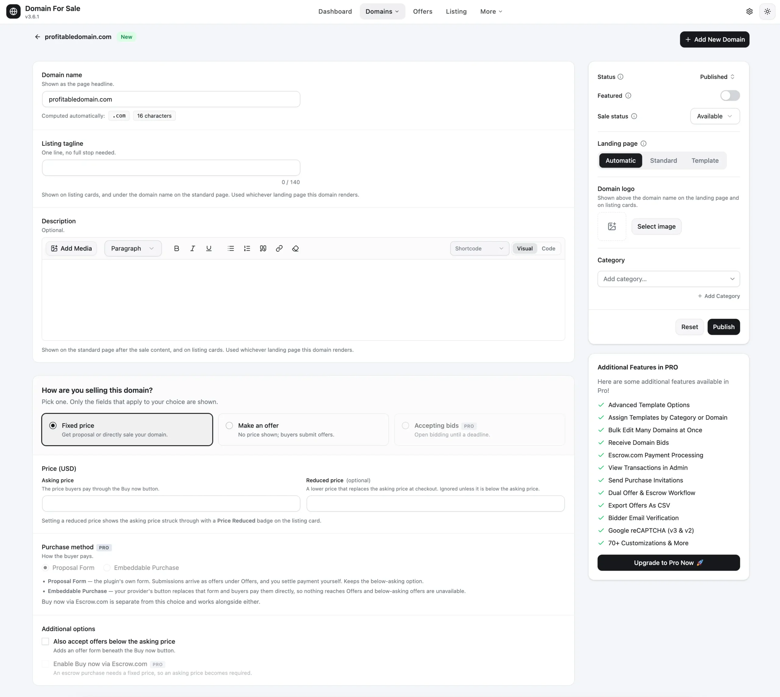Domain For Sale Domain Options editor showing the Listing Tagline and Description fields